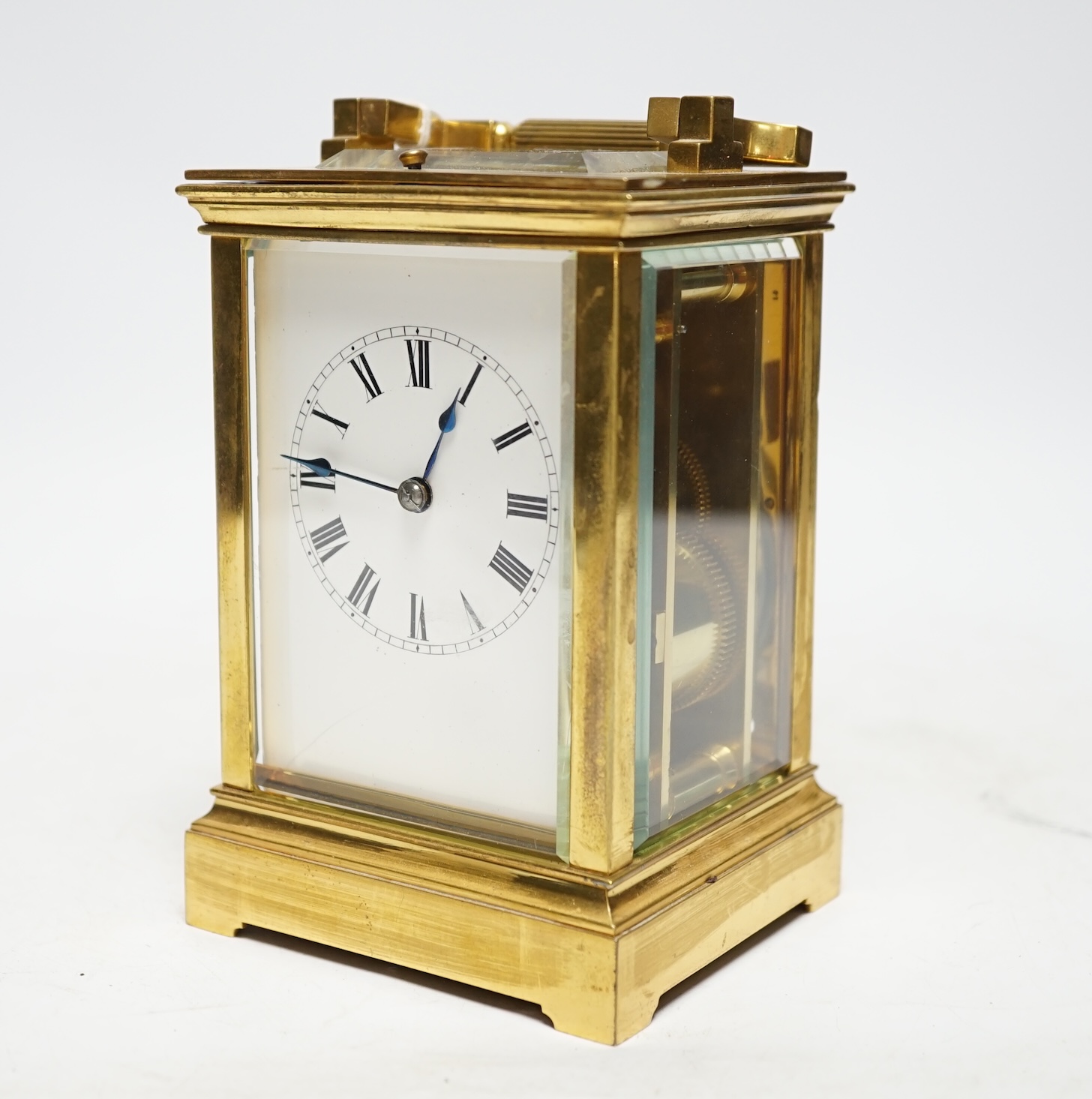 A late 19th century French repeating carriage clock, with Richard movement, in travelling case with key, 15cm high. Condition - good not tested for time keeping